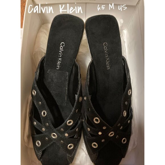 Calvin Klein Black Suede Women's Platform Sandals Size 6.5M New In Box - Picture 1 of 6